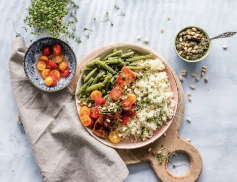 Baked Wild Salmon with Walnut Pesto and Quinoa