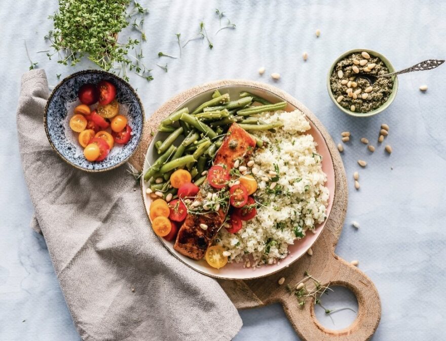 Baked Wild Salmon with Walnut Pesto and Quinoa